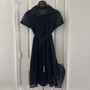 Ann Taylor Navy Blue Eyelet Midi Dress With Tassel Rope Belt Size 10